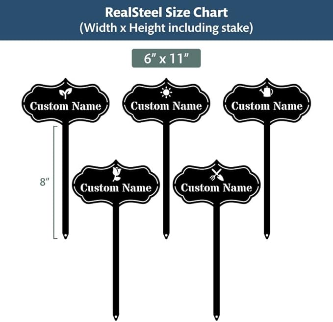 RealSteel โ Customizable Seed & Plant Markers - Outdoor Herb Garden Stakes - Elegant Fruit/Vegetable Labels - Steel Plant Tags for Pots - Classy Design for Farmhouse/Greenhouse โ Sun Icon