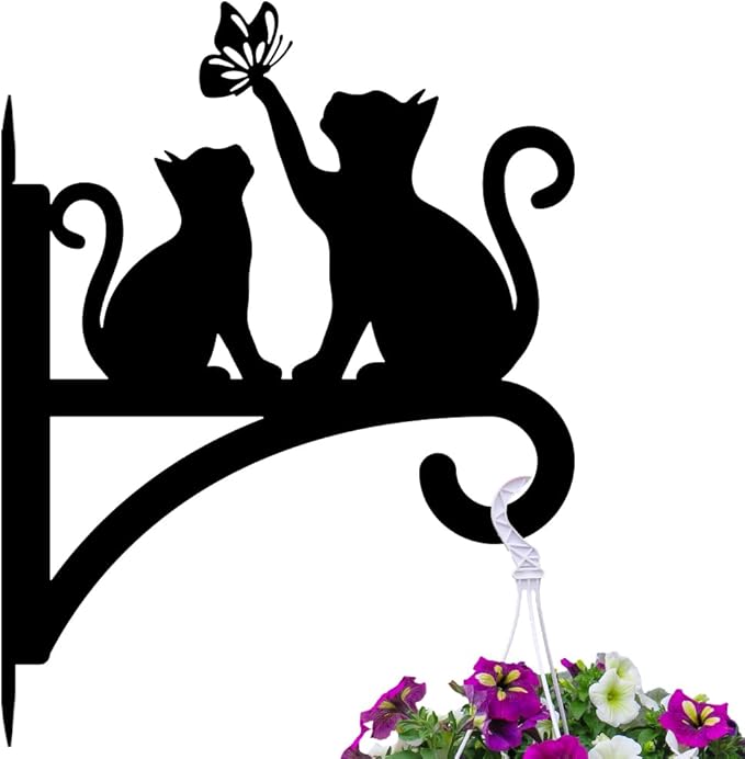 Peacoblue Iron Plant Hangers Hooks for Outdoor Indoor Hanging Plants Fern Pots, Lantern, Bird Feeder, Wind Chimes, 12βx14β Cat Weather Resistant Metal Wall Brackets Holder for Porch, Garden, Home(Cat)