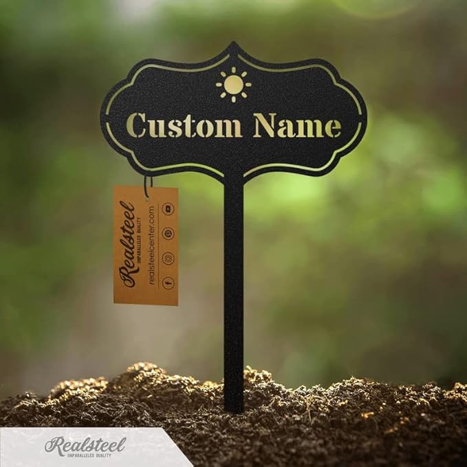 RealSteel โ Customizable Seed & Plant Markers - Outdoor Herb Garden Stakes - Elegant Fruit/Vegetable Labels - Steel Plant Tags for Pots - Classy Design for Farmhouse/Greenhouse โ Sun Icon