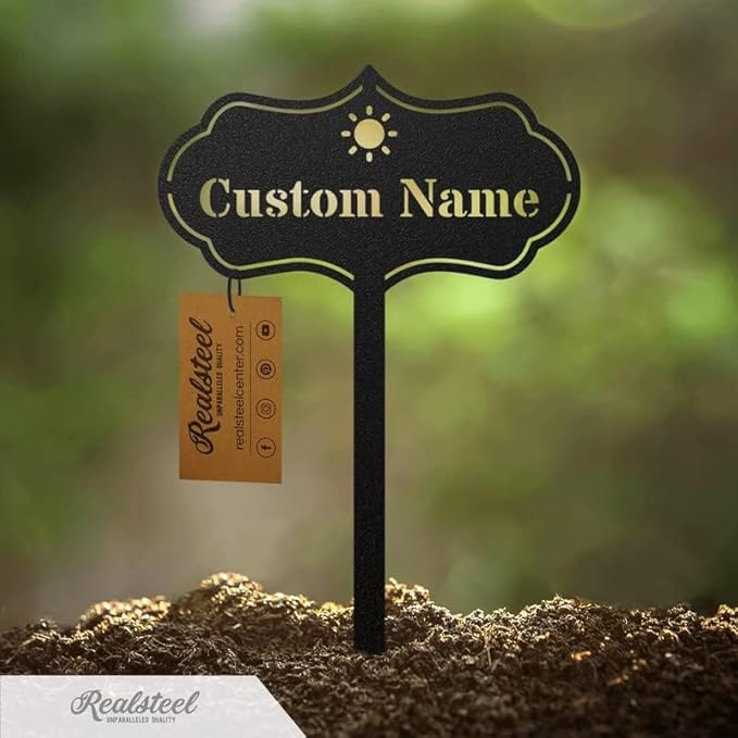 RealSteel โ Customizable Seed & Plant Markers - Outdoor Herb Garden Stakes - Elegant Fruit/Vegetable Labels - Steel Plant Tags for Pots - Classy Design for Farmhouse/Greenhouse โ Sprout Icon