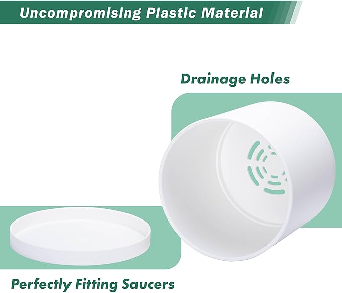 D'vine Dev 2 Pack 12 Inch Modern Plastic Plant Pots, Small Garden Planters for Plant with Drainage Holes and Saucers, White Color, 74-Z-P-1