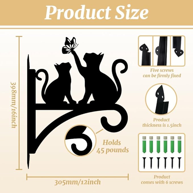 Peacoblue Iron Plant Hangers Hooks for Outdoor Indoor Hanging Plants Fern Pots, Lantern, Bird Feeder, Wind Chimes, 12βx14β Cat Weather Resistant Metal Wall Brackets Holder for Porch, Garden, Home(Cat)