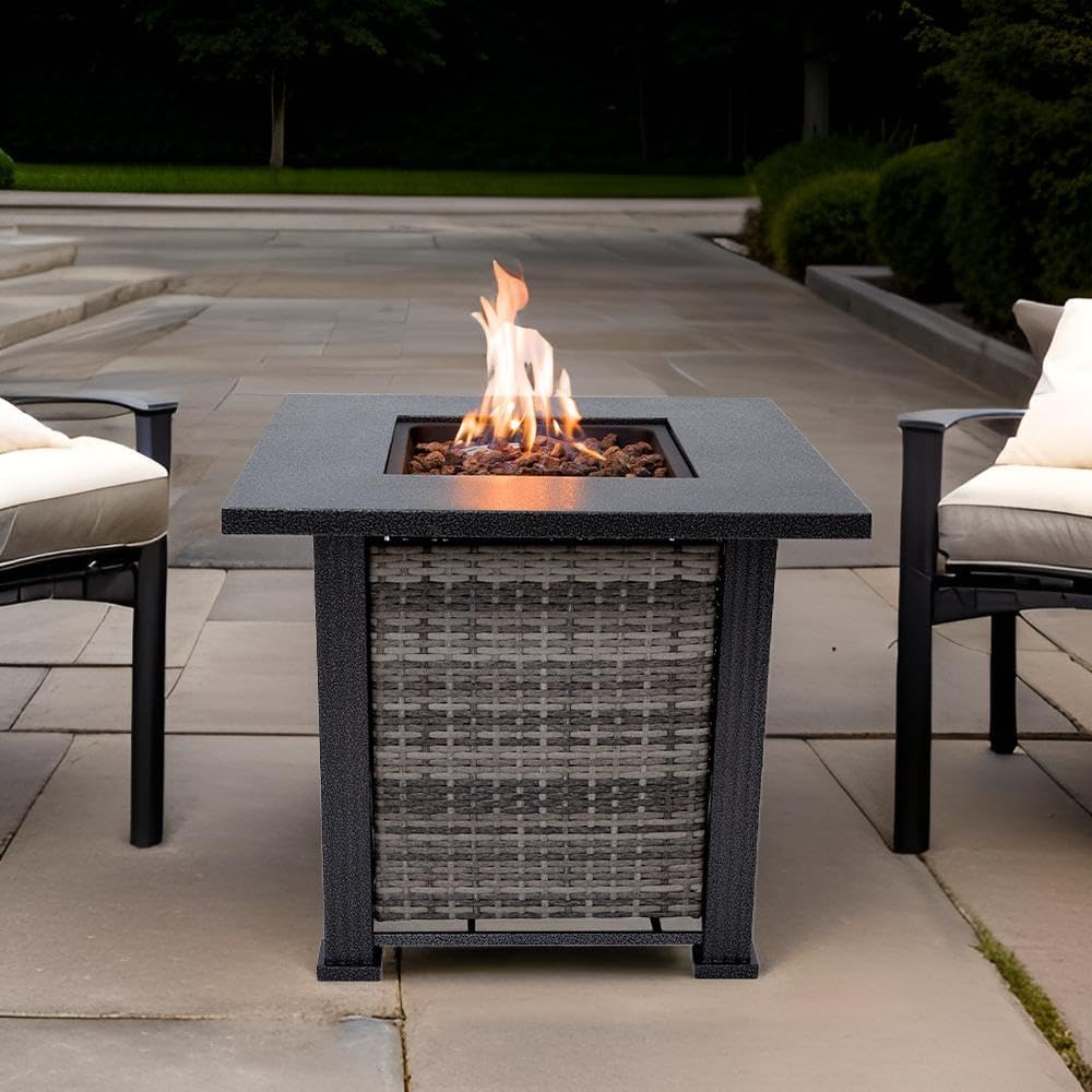 Adana Propane Fire Pit Table 28” Outdoor Firepit 50,000 BTU Firepits for Outside with Lava Rocks and Removable Lid Metal Fire Pit Outdoor Fireplace Propane Fire Pits for Outside CSA Certified