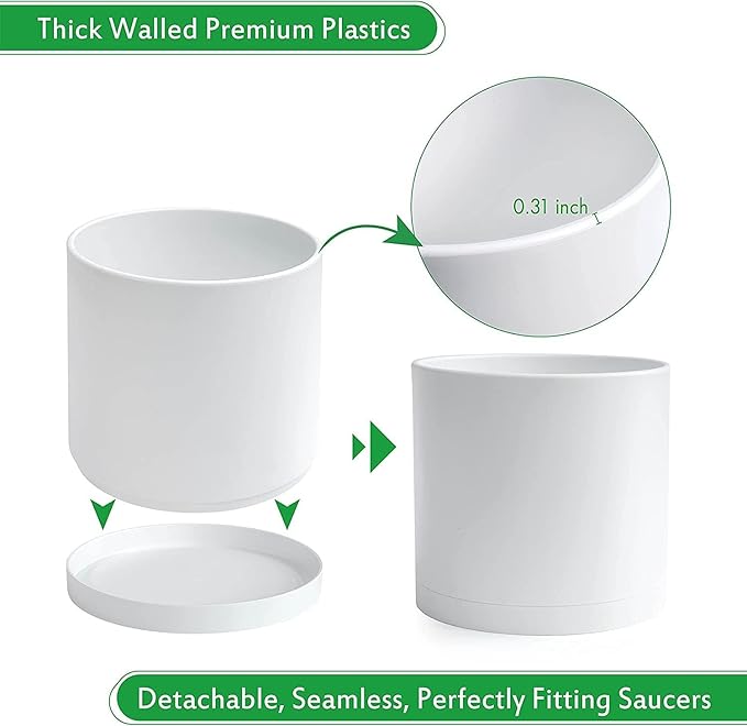 D'vine Dev 2 Pack 10 Inch Modern Plastic Plant Pots, Small Garden Planters for Plant with Drainage Holes and Saucers, White Color, 74-Z-N-1