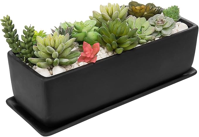 MyGift 14 Inch Matte Black Ceramic Indoor Plant Pot Succulent Planter, Decorative Flower Planter with Drainage Hole and Removable Tray