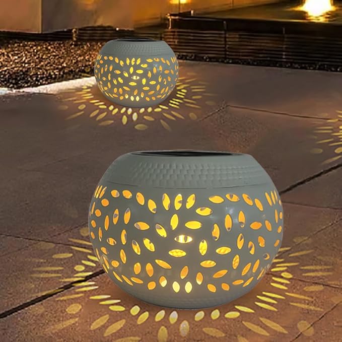 Solar Table Light Outdoor Waterproof- Solar Powered LED Lamp Hollowed-Out White Metal Desktop Decorative Lantern for Indoor Desk Bedroom Patio Garden Pathway Yard