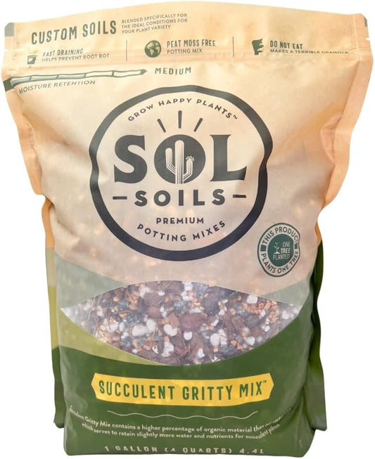 Sol Soils Succulent Gritty Mix 1 Gallon - Fast Draining Peat Moss Free Succulent Soil Potting Mix with Coconut Husk Chips, Perlite & Pumice