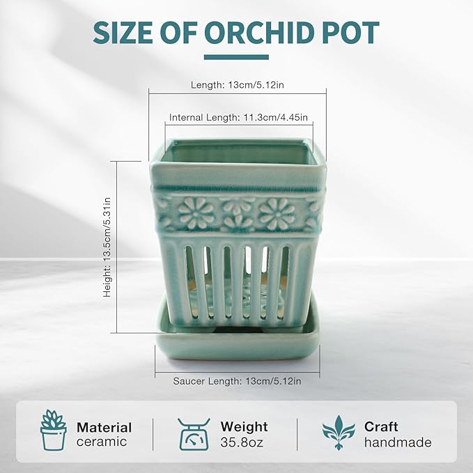 Orchid Pots with Holes | 5" Ceramic Orchid Planter with Separate Saucer and Drainage Holes | Crackle Glazed Pottery Small Flower Pot for Repotting Orchids(Blue)