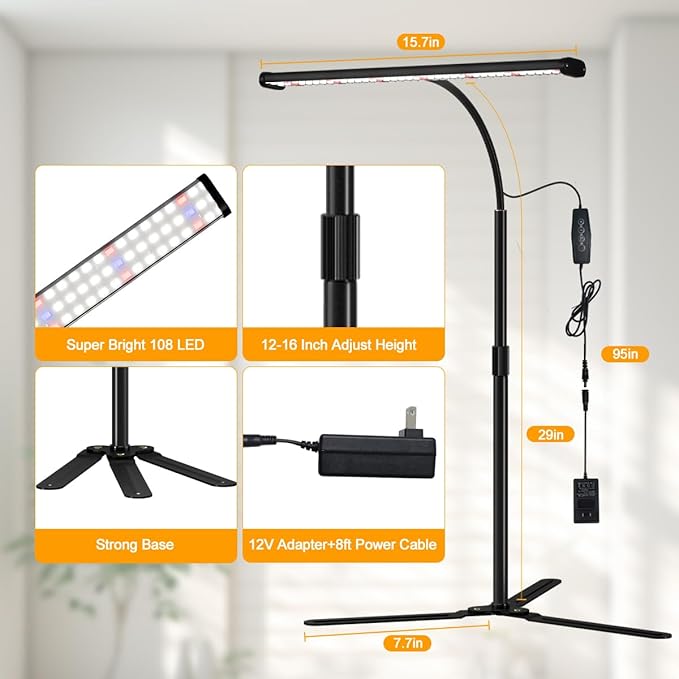 Super-Bright Grow Light for Indoor Plants, 6000K 108LEDs Full Spectrum Plant Lamp with Timer 4/8/12Hrs & Height Extendable for Home Office Desktop Plants, 12V 3A High Power Output for Faster Growth
