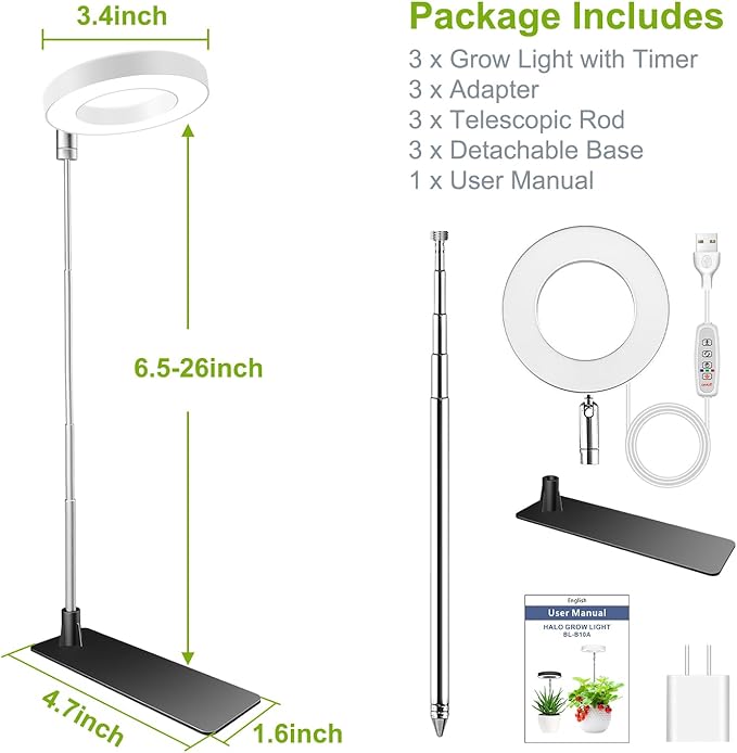 Grow Lights for Indoor Plants, 48 LEDs Full Spectrum Halo Plant Light for Indoor Plants, Height Adjustable Growing Lamp with Detachable Base, 3 9 12Hrs Timer, 10 Brightness, 3 Pack