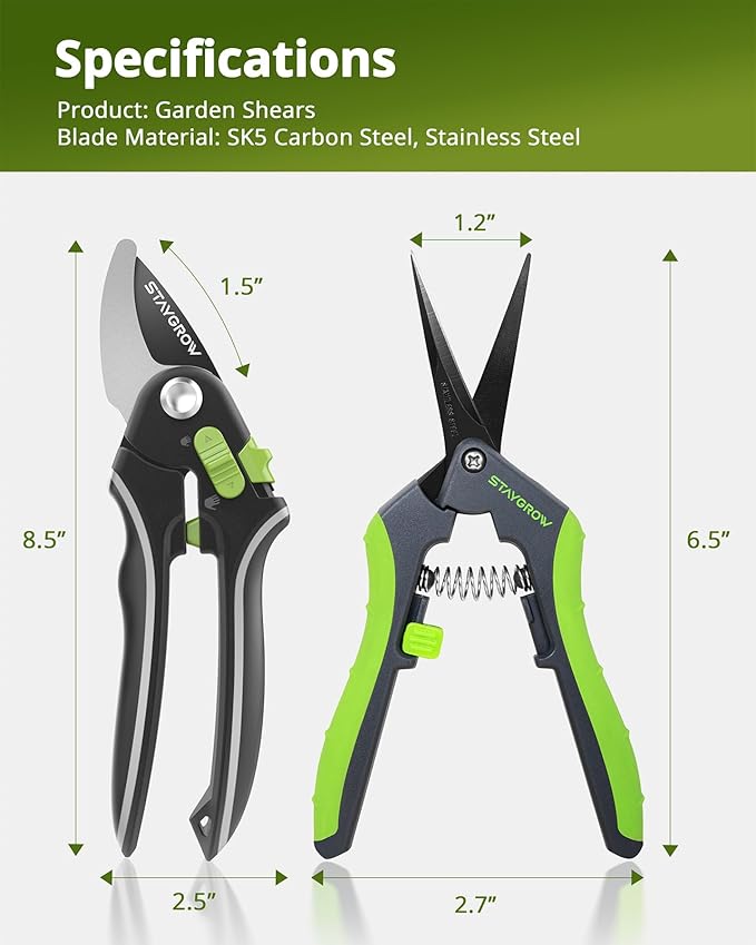 Pruning Shears for Gardening 2 Pack, 8.5" Bypass Garden Clippers and 6.5" Curved Gardening Shears, Pruners with Super Sharp Stainless Steel Blades, Safety Lock, Gardening Gifts for Men Women