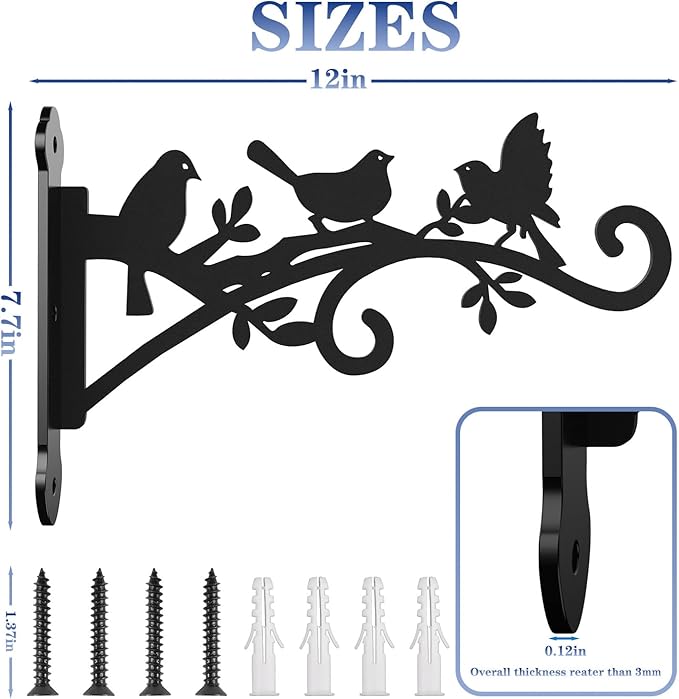 Metal Hanging Plant Bracket with Birdie Pattern 2 Pack – Heavy Duty Plant Hooks for Hanging Flower Baskets,Plants, Bird Feeder, Wind Chime - Indoor/Outdoor Use,Black Matte Texture (12 in)