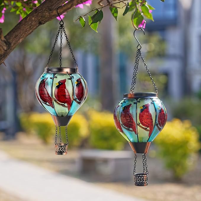 Starsoul 2 PC Cardinal Hot Air Balloon Solar Lantern with Flame Glass Outdoor Hanging Hot Air Balloon Solar Light Waterproof Garden Patio Yard Party Decorations