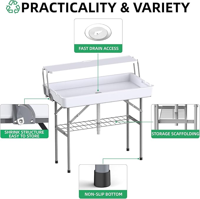 Portable Folding Ice Cooler Table with Skirt & Drain & Shelving, Outdoor Foldable Drink Ice Table with Storage for Camping, Picnics, BBQ & Parties,