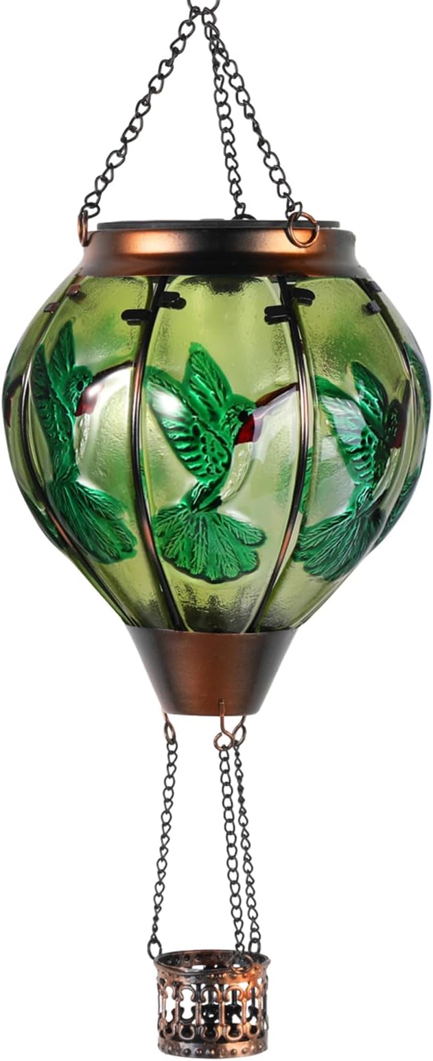 pearlstar Hot Air Balloon Solar Lantern with Flickering Flame Light Outdoor Solar Hanging Lights Waterproof for Garden Yard Farmhouse Patio Pathway Outside Decoration,Glass(Hummingbird)
