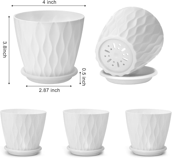 4 inch Plant Pots, 5 Pack Flower Pots Outdoor Indoor, Planters with Drainage Holes and Tray Saucers(White)