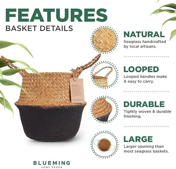 Plant Basket β Small Seagrass Planter Pot for Olive Trees, Woven Wicker Planter 8-9 Inches for Indoor Tall Artificial Plants (Black Bottom, Medium)