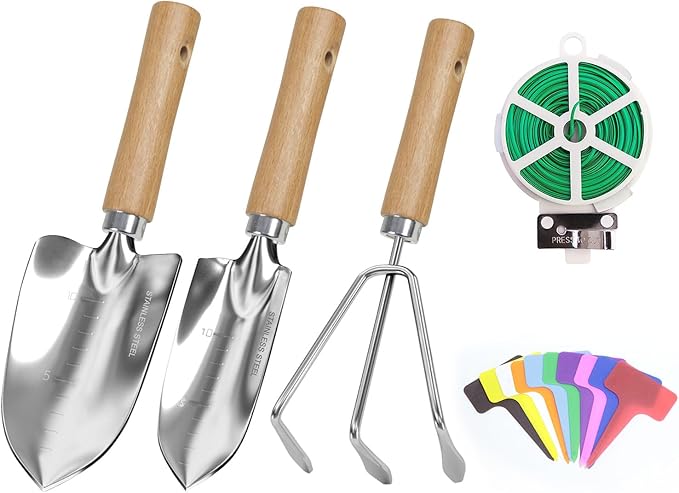 Garden Tool Set, 3 Pieces Gardening Kit with Garden Plant Twist Tie and Plastic Plant Tag, Stainless Steel Heavy Duty Garden Tools with Wooden Handle, Gardening Gifts for Women