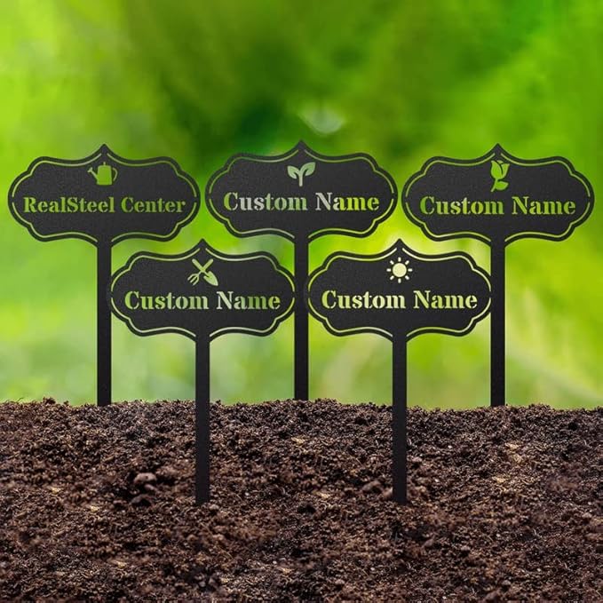 RealSteel โ Customizable Seed & Plant Markers - Outdoor Herb Garden Stakes - Elegant Fruit/Vegetable Labels - Steel Plant Tags for Pots - Classy Design for Farmhouse/Greenhouse โ Sun Icon