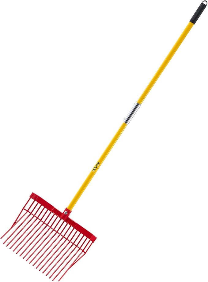 VEVOR Manure Fork, 18 Angled Tines, Horse Manure Rake with Long Fiberglass Handle, 61 in Durable Plastic Pitchfork Muck Rake Tool for Gardening Horse Stall Stable Grass Hay Cleaning Farm Work