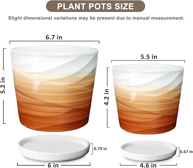 6.7 + 5.5 Inch Plant Pot, Ceramic Planter with Drainage and Saucer,Ceramic Pots for Plants, Indoor Plant pots,planters for Indoor Plants(Khaki + White)