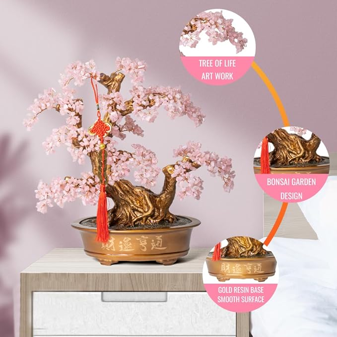 Natural Rose Quartz Gemstone Crystal Bonsai Tree of Life(1,350 Gemstone Count) Large Feng Shui Money Chakra Tree for Luck and Wealth Decoration 20 Inches