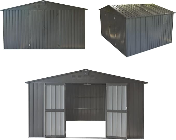 Domi Backyard Storage Shed 11β x 12.5β with Galvanized Steel Frame & Windows, Outdoor Garden Shed Metal Utility Tool Storage Room with Lockable Door for Patio(Dark Gray)