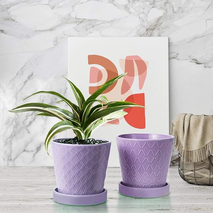 EFISPSS Flower Planter –5 inch Ceramic Plant Pots with Drainage Holes and Ceramic Tray - Gardening Home Desktop Office Windowsill Decoration Gift Set of 4 - Purple