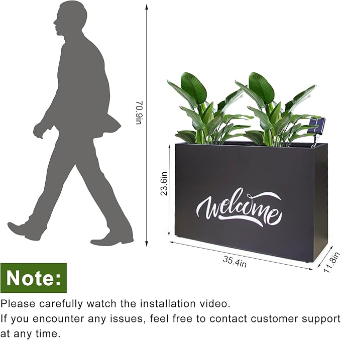 Metal LED Planter Box Rectangular Block - Galvanized Steel Long Planters Box with Solar Light Outdoor All-Weather Use with Drainage Holes for Cafe Bar Mall Store Patio/Porch/Entrance, 35.5×24×12IN