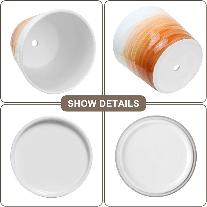 6.7 + 5.5 Inch Plant Pot, Ceramic Planter with Drainage and Saucer,Ceramic Pots for Plants, Indoor Plant pots,planters for Indoor Plants(Khaki + White)