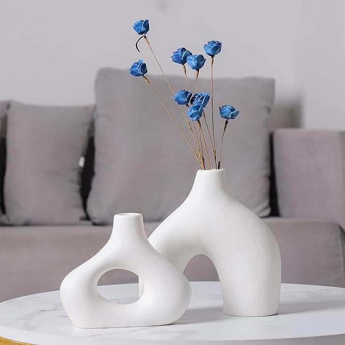 CEMABT White Ceramic Vase Set of 2 for Modern Minimalist Bohemian Decor,Round Matte Donut Vases for Pampas Grass-Perfect for Living Room, Dining Table, Office Bedroom Shelf Decor Entryway, Console