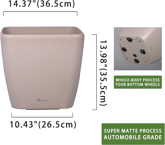 Dexceder 15x14 Self Watering Planter with Wheels Indoor Outdoor, Inner Mat Design, Thickened Large Floor Standing Flower Plant Pot with Water Level Indicator (Taupe Matte)