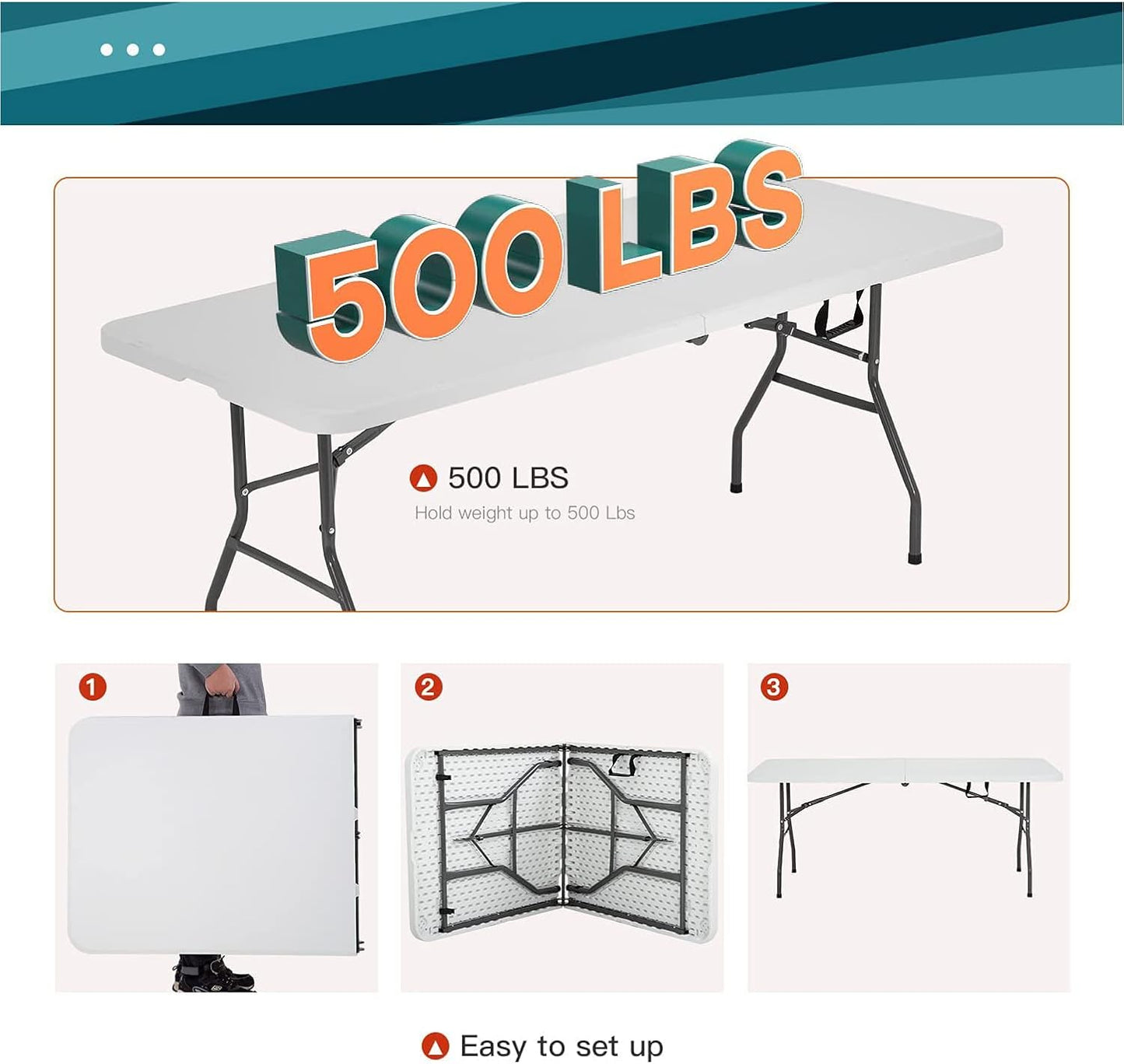 6FT Folding Table, Heavy Duty Plastic Table Portable Fold-in-Half Utility Table Indoor Outdoor Picnic Table w/Handle & Lock for Camping BBQ Party Wedding Market Events, 500LBS