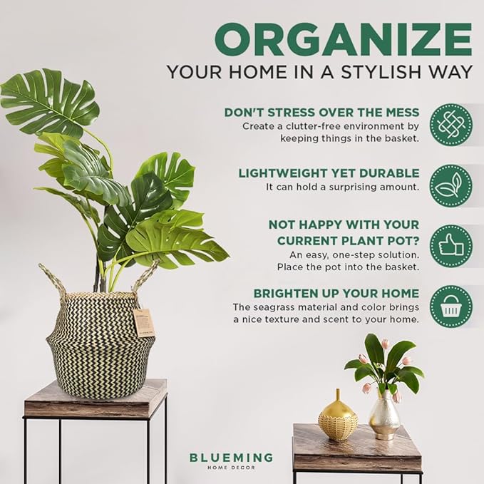 Olive Tree Basket β Small Seagrass Plant Pot for Tall Indoor Artificial Trees, Woven Planter 8-9 Inches, Wicker Baskets for Decorative Storage (Black, Medium)
