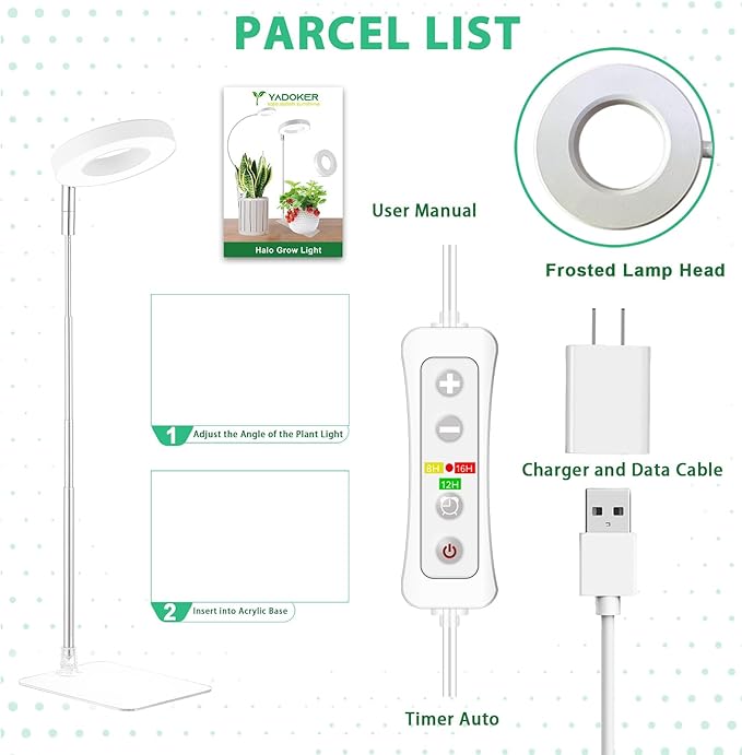 yadoker Halo Plant Grow Light,yadoker LED Growing Light Full Spectrum for Indoor Plants,Height Adjustable, Automatic Timer, 5V Low Safe Voltage,Idea for Small Plants