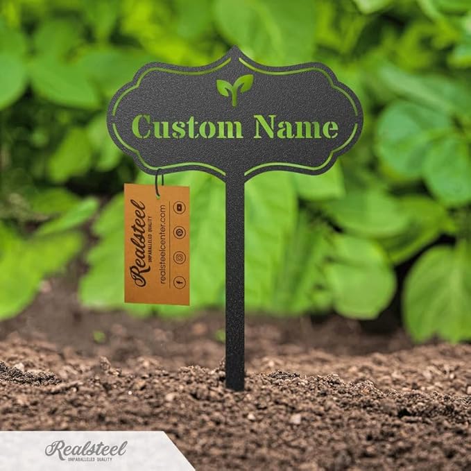 RealSteel โ Customizable Seed & Plant Markers - Outdoor Herb Garden Stakes - Elegant Fruit/Vegetable Labels - Steel Plant Tags for Pots - Classy Design for Farmhouse/Greenhouse โ Watering Can Icon