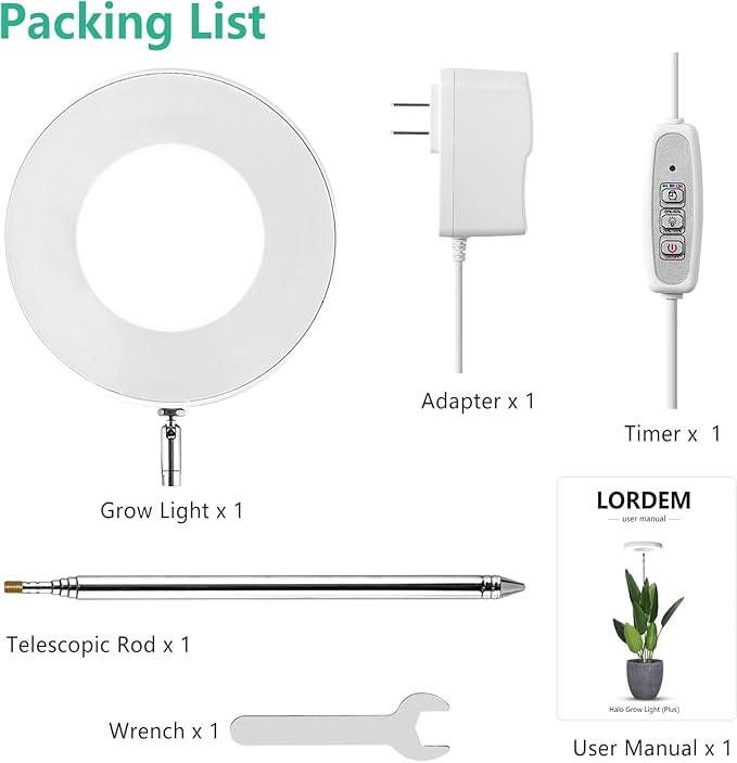 LORDEM Full Spectrum LED Grow Light, 72 LEDs, 4 Brightness Settings, Auto On/Off Timer, Height Adjustable, Ideal for Indoor Plants