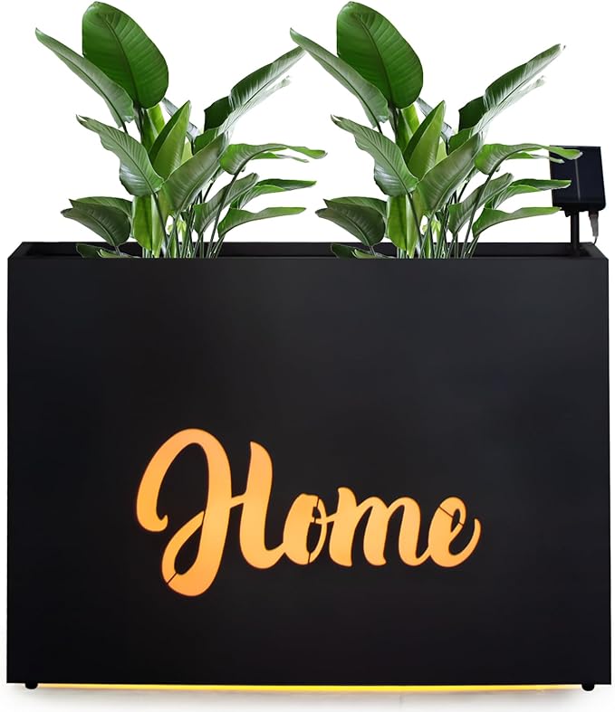 Metal LED Planter Box Rectangular Block - Galvanized Steel Long Planters Box with Solar Light Outdoor All-Weather Use with Drainage Holes for Cafe Bar Mall Patio/Porch/Entrance, 35.5×24×12IN(Home)