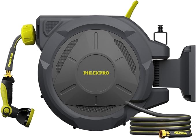 Retractable Garden Hose Reel 5/8 in x 75 ft Heavy Duty Automatic Water Hose Reel Wall Mounted with 10 Pattern Nozzle,Any Length Lock, Slow Return System, 180°Swivel Bracket