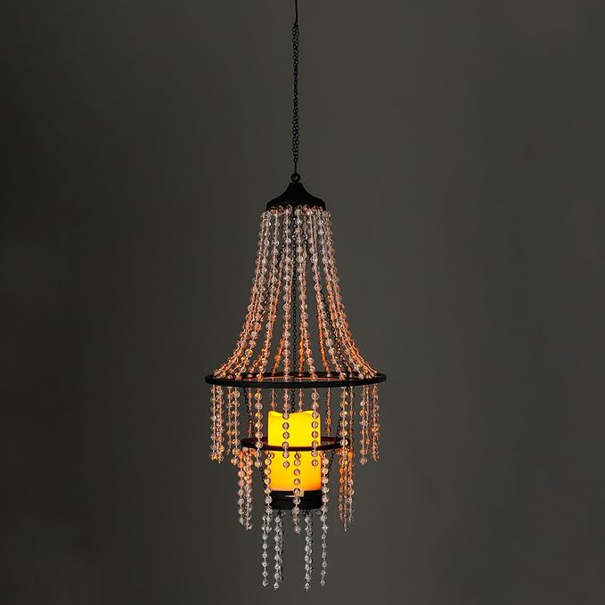 Hanging Candle Chandelier Outdoor, Battery Operated Clear Acrylic Beaded Chandelier with Flickering Led Candle Light S Hooks Modern Lantern for Garden Yard Patio Gazebo Room Indoor Decorations, 28”H