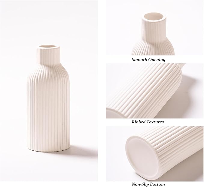 Ceramic Vase Set of 3, Flower Vases for Spring Room Decor, Kitchen Farmhouse, Modern Boho Style(White)