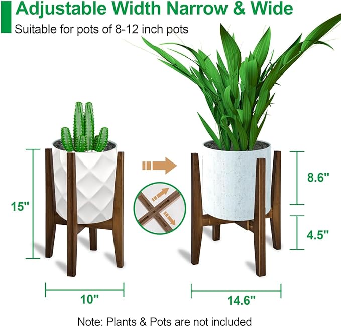 OERGKE 2 PACK Adjustable Plant Stand Indoor, Bamboo Mid Century Modern Plants Stands, Corner Flower Holder for Living Room, Fits 8 to 12 Inches Pots, (Pot & Plant Not Included)(Walnut)