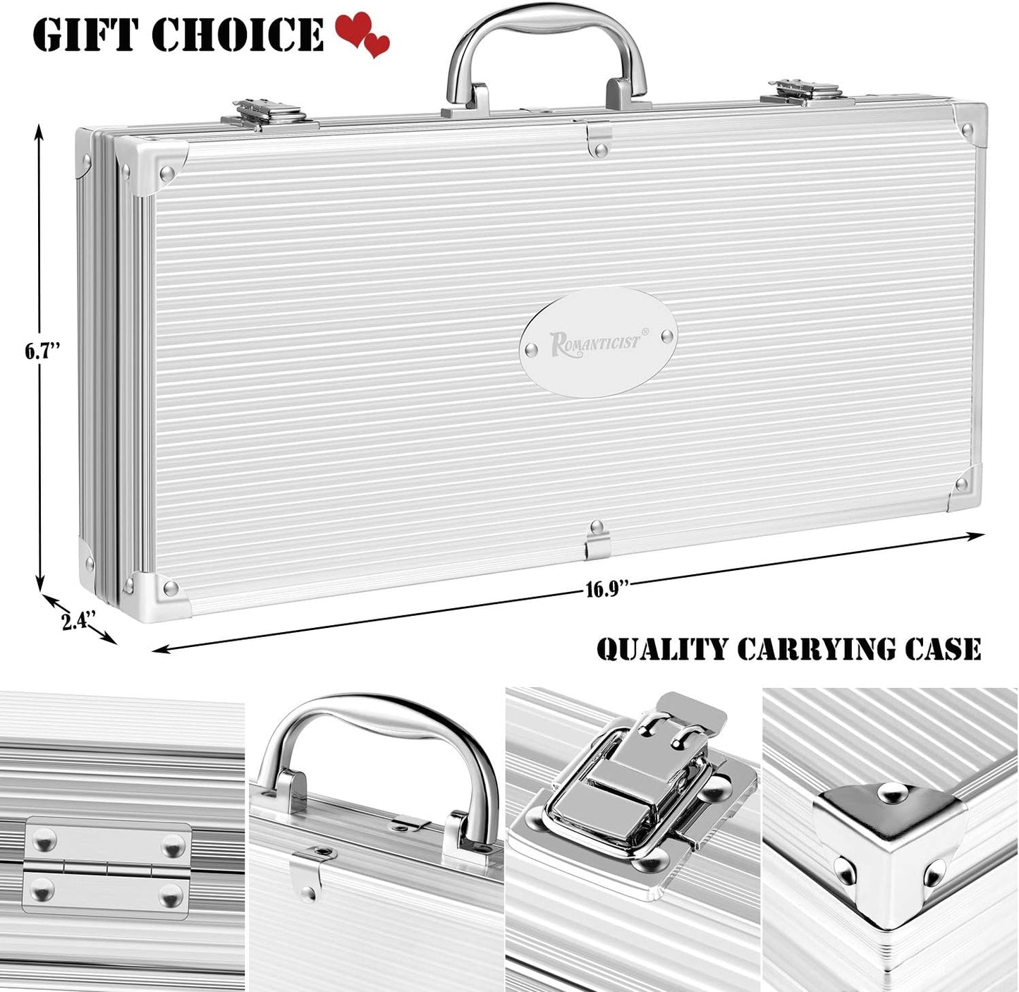 ROMANTICIST 30pcs BBQ Grill Tool Set for Men Dad, Heavy Duty Stainless Steel Grill Utensils Set, Non-Slip Grilling Accessories Kit with Thermometer, Mats in Aluminum Case for Fathers Day Brown