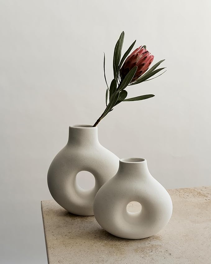 NOBULA White Ceramic Donut Vases โ Modern Home Decor for Living Room, Bedroom & Table Centerpiece - Minimalist Nordic โ Unique Vases for Olive Plant & Flowers โ Decorative Coffee Table Vase Set of 2