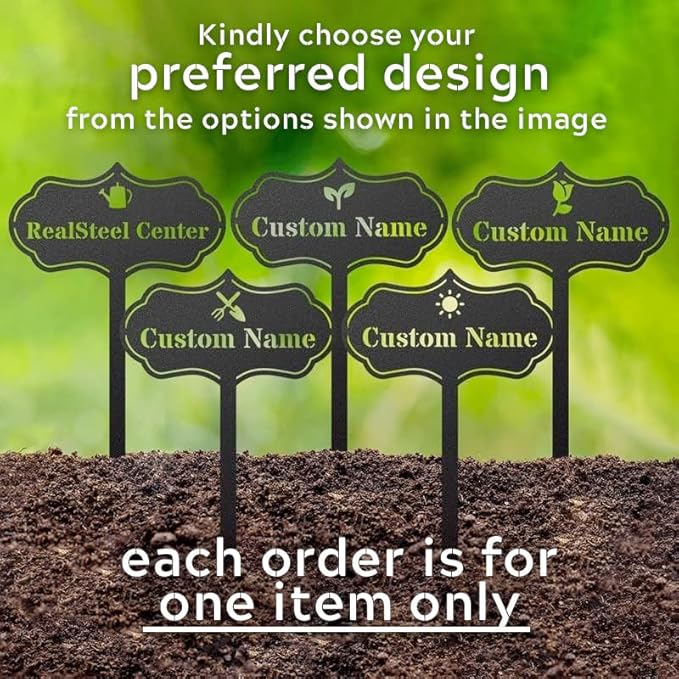 RealSteel โ Customizable Seed & Plant Markers - Outdoor Herb Garden Stakes - Elegant Fruit/Vegetable Labels - Steel Plant Tags for Pots - Classy Design for Farmhouse/Greenhouse โ Watering Can Icon