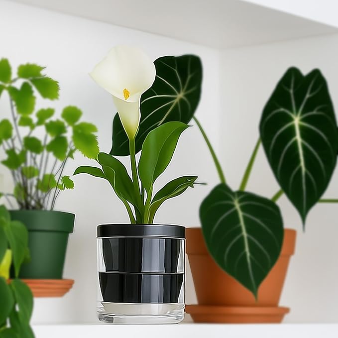 D'vine Dev 4 Inch Design Self Watering Planter for Indoor Plants, Black Terracotta Pot with Cylinder Glass Cup, Set of 2, 37-Y-A-3