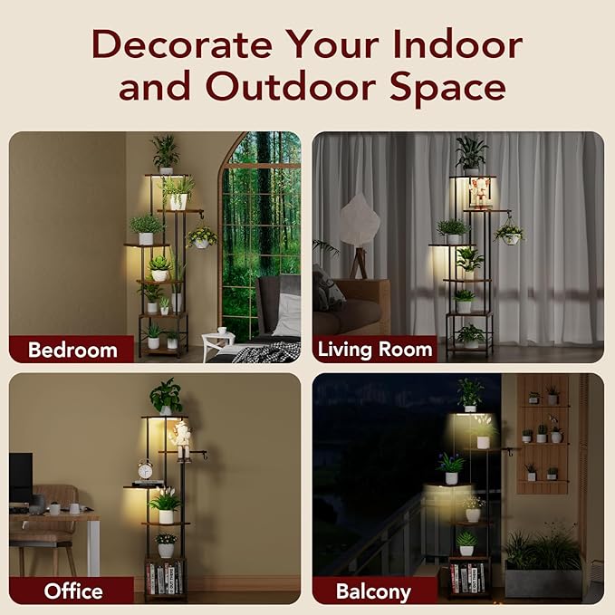 Plant Stand Indoor with Grow Light, 6-Tiered Tall Plant Stand Indoor, Metal Plant Shelf with Hanging Basket Hook and Adjustable Light, Ideal for Living Room, Garden, Patio, (Brown and Black)