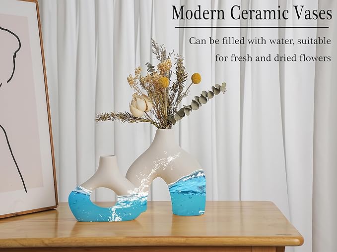 CEMABT White Ceramic Vase Set of 2 for Modern Minimalist Bohemian Decor,Round Matte Donut Vases for Pampas Grass-Perfect for Living Room, Dining Table, Office Bedroom Shelf Decor Entryway, Console