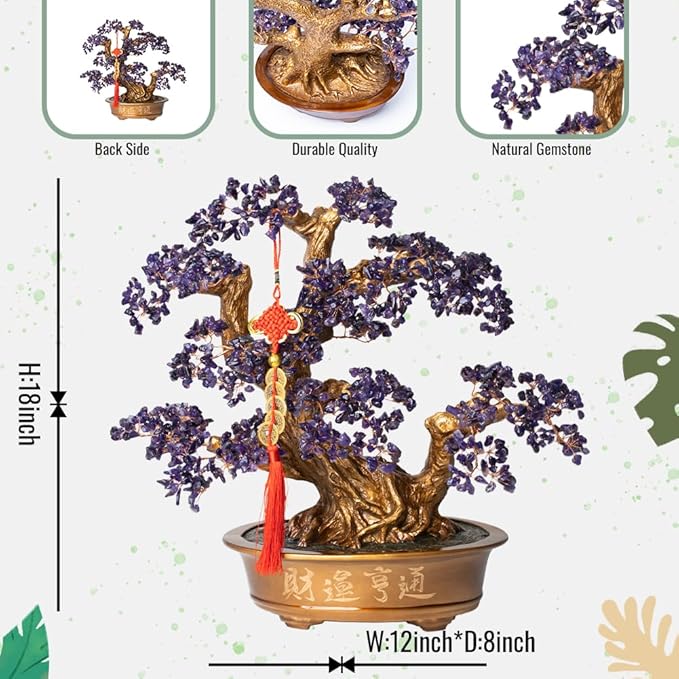 Natural Amethyst Gemstone Crystal Bonsai Tree of Life (1,350 Gemstone Count) Large Feng Shui Money Chakra Tree for Luck and Wealth Desk Decoration 20 Inches