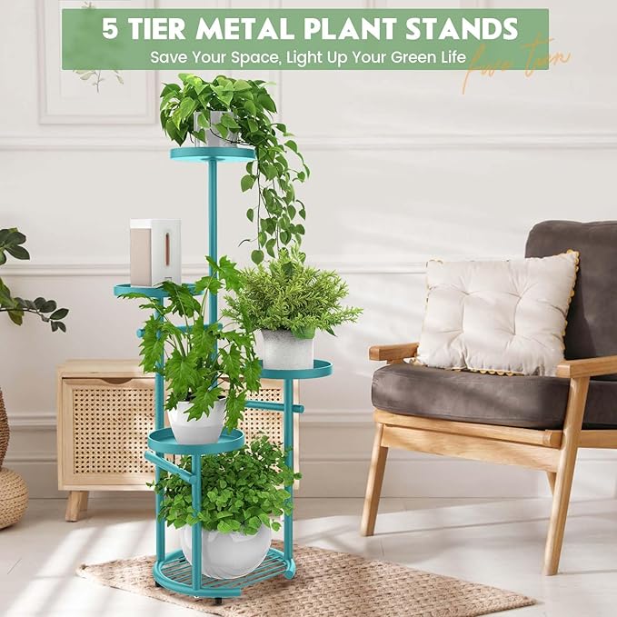 TOSKING 5 Tier Metal Plant Stand Indoor, Plant Shelf, Corner Shelf Flower Pot Stand for Outdoor Plant Stand for Living Room Balcony Garden Patio Bedroom (Blue, 38in)